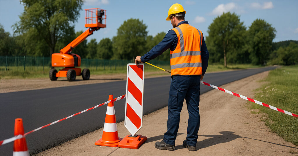 Opérateur préparant un chantier avant l’arrivée d’une nacelle élévatrice