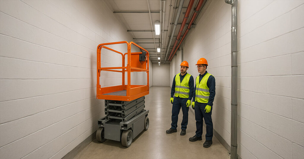 Nacelle élévatrice compacte utilisée en intérieur dans un espace confiné