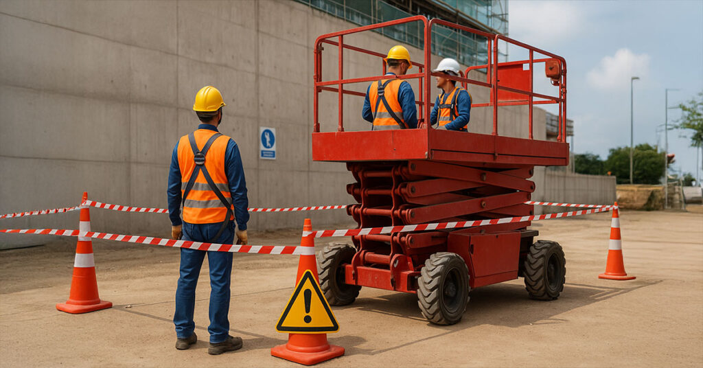 Zone de travail balisée autour d’une nacelle avec opérateurs équipés d’EPI